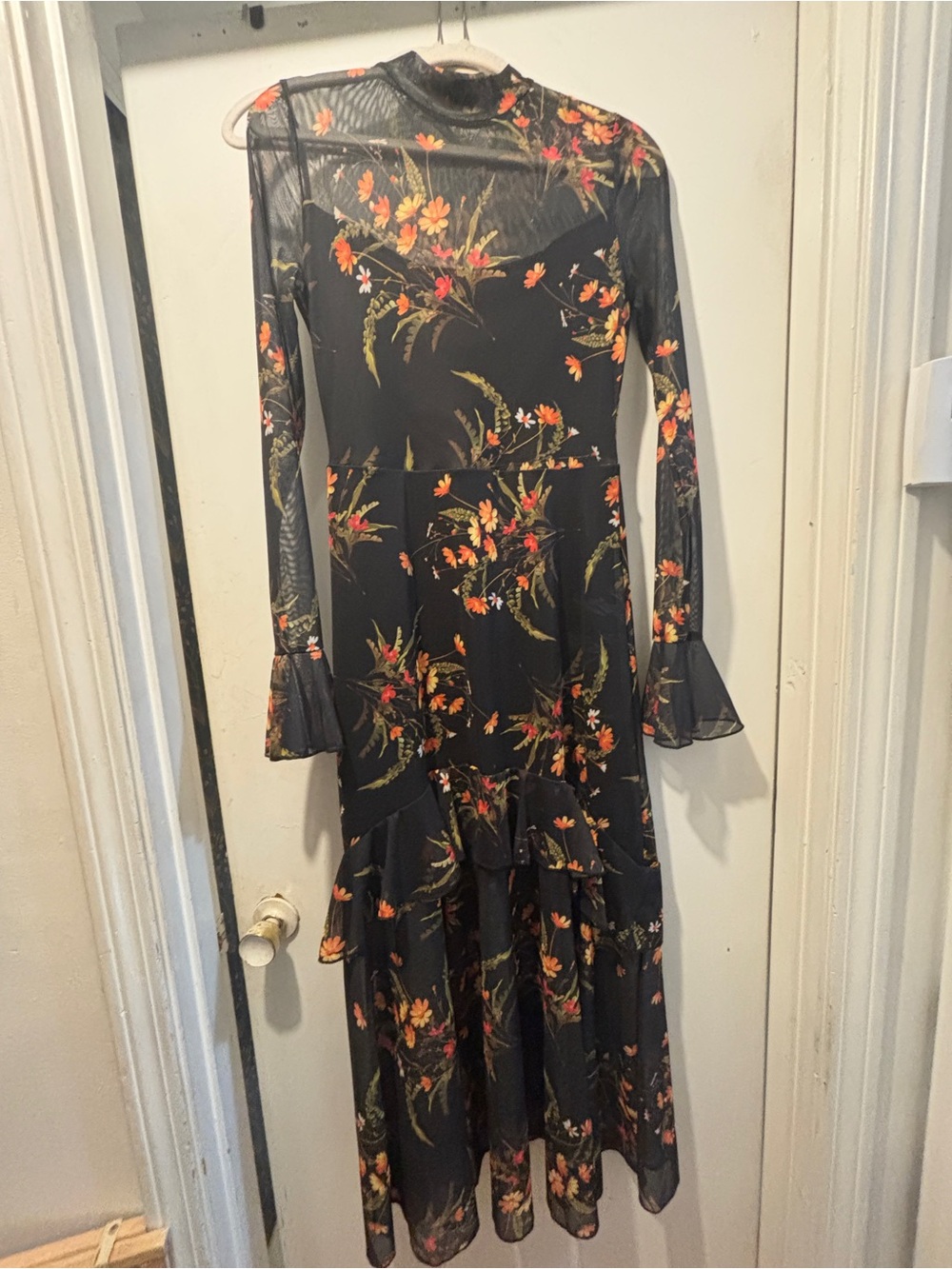 Vintage Black Floral Maxi Dress with Orange and Green Accents